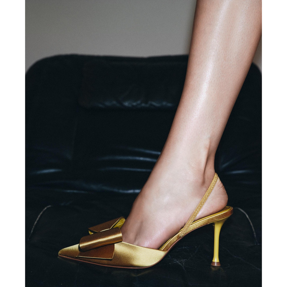 Zara Satin Slingback Heels Bow Pointed Toe Stiletto Wedding Party Sz 6.5 NWT - Picture 11 of 15